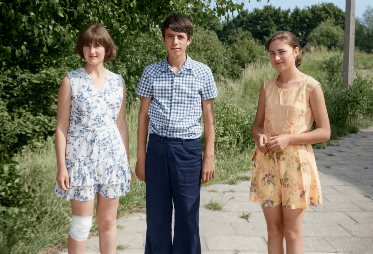 Three friends fully restored in vivid color, ready to share